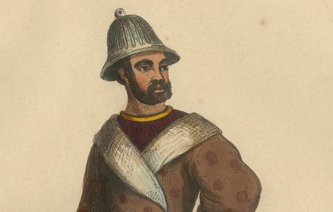 Traditional Eleuth Warrior Attire in 1844 Hand-Colored Lithograph, close-up 4