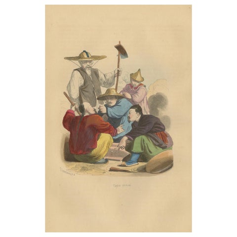 Chinese Laborers Gambling in Traditional Attire from Wahlen's 1844 Lithographs