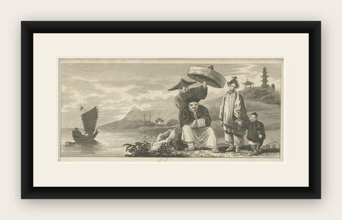 Antique Engraving of Chinese Costumes, c.1860, shown framed