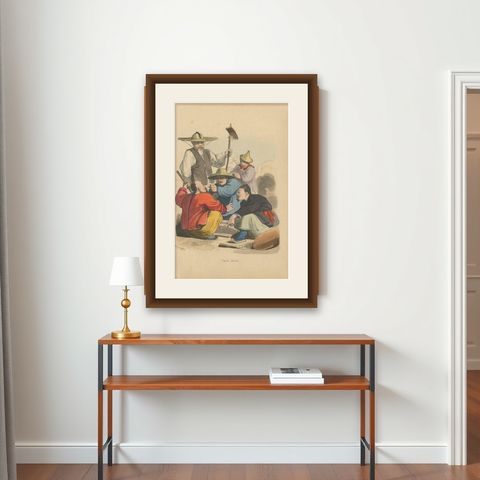 Antique Costume Print of Chinese Men playing a Game of Dice by Wahlen, 1843, shown framed on a wall