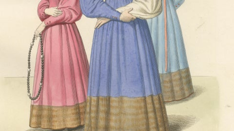 Medieval Women's Costumes c.1300, Hand-Colored Costume Plate, Mercuri 1845, close-up 2
