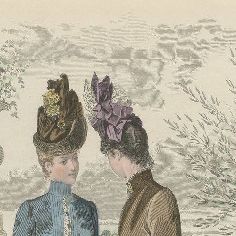 Antique French Fashion Plate, Ladies and Child in Park Scene, c.1880, close-up 1
