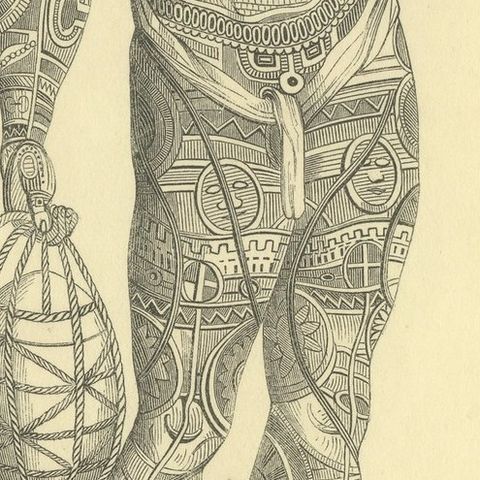 Noukahiwa, Oceania, Antique Wahlen Costume Print, 1843-1844, close-up 3