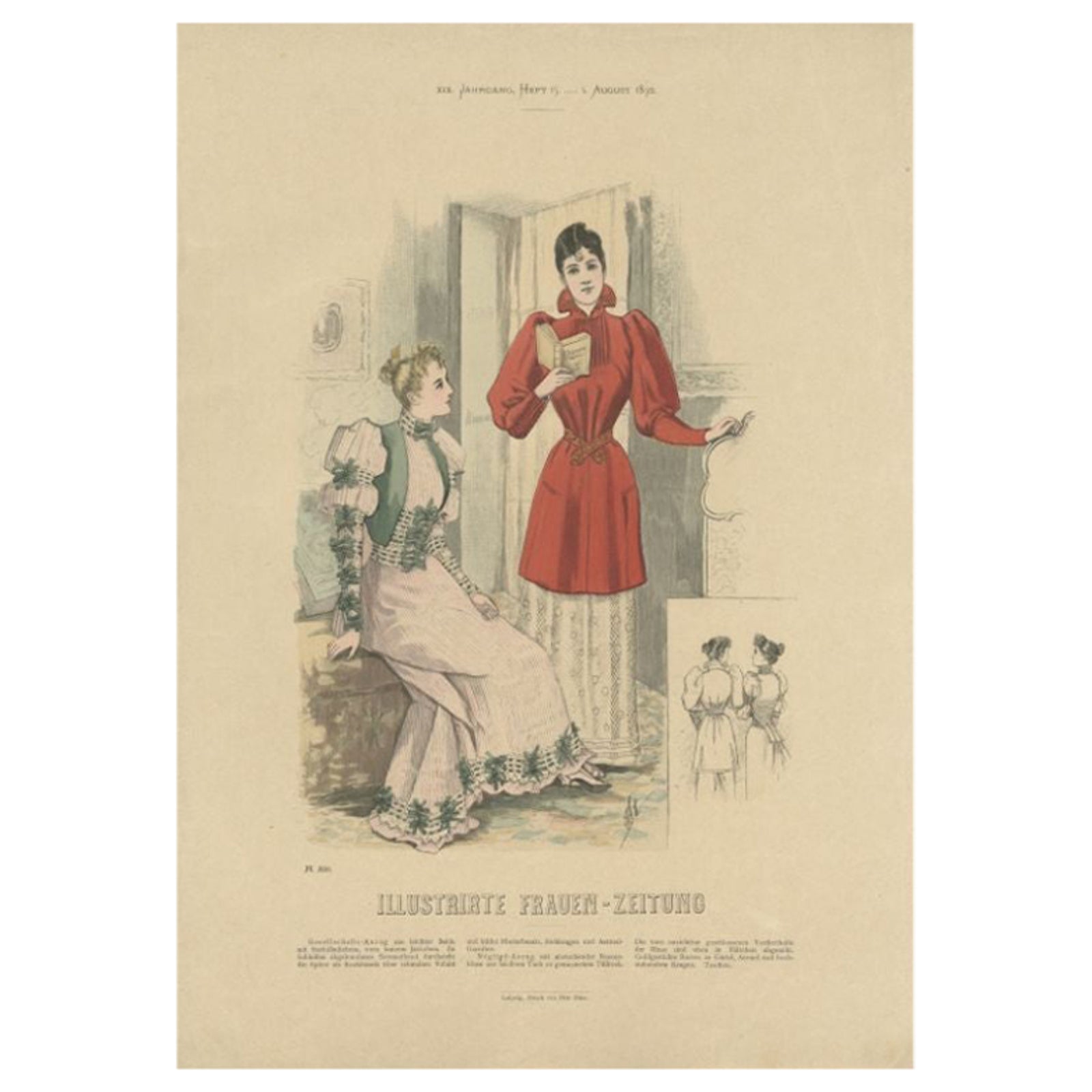 Antique Fashion Print Depicting Two Ladies, by Dürr, 1892