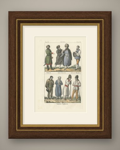 A Pole, Polish Jews and Hungarian Peasants, Hand Colored Lithograph, 1842, shown framed