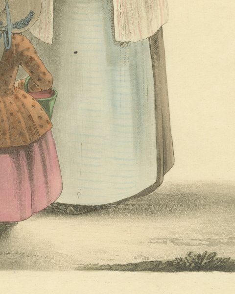 Woman and Little Girl with Green Pail, Antique Ackermann Costume Print, 1817, close-up 3