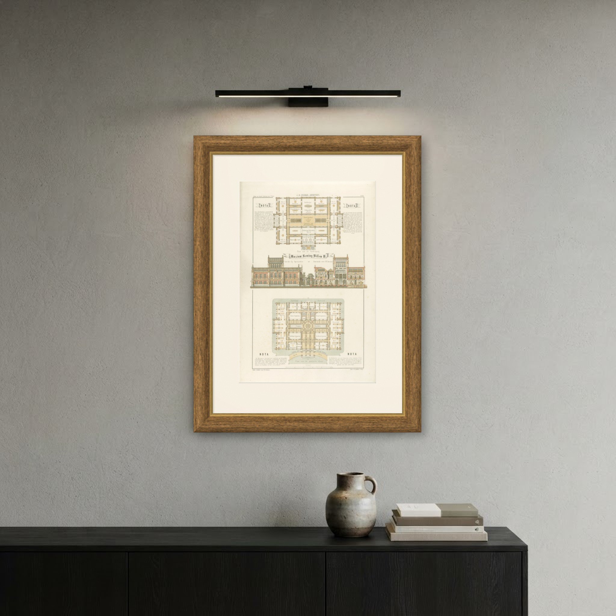 Museum King Willem III, Plans, Dutch Architecture Print, Leliman, 1865-1866, shown framed on a wall