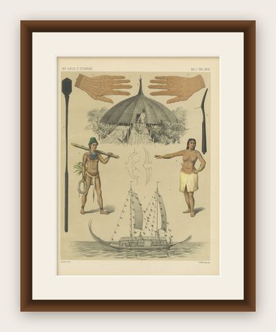 Pacific Island Ethnography, Canoe, Architecture & Costume, Antique Print c.1890, shown framed