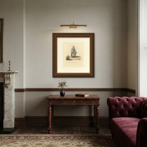 Woman near Antwerp, Flemish Dress, Antique Ackermann Print, 1817, shown framed in a room