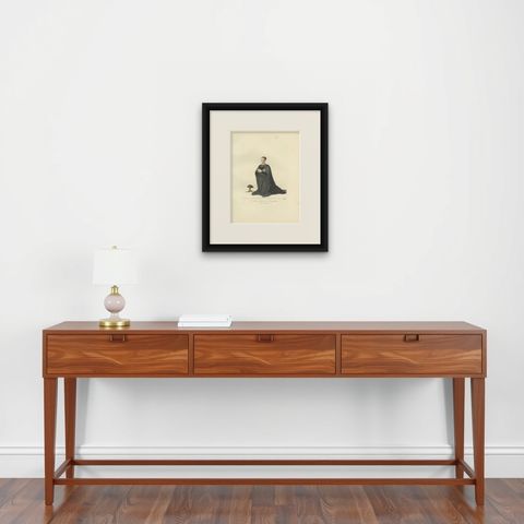 Antique Print of a Knight of Rhodes in Religious Costume, by Bonnard, 1860, shown framed on a wall