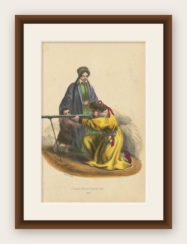 Antique Costume Print of a Tatar Family by Wahlen, '1843', shown framed
