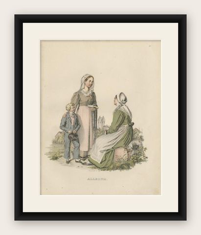 Antique Costume Print of Allerum in Sweden, c.1864, shown framed