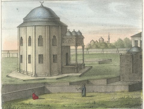 Namaz Ablution and the Tomb of Sultan Mustafa III, Hand Colored, 1842, close-up 2