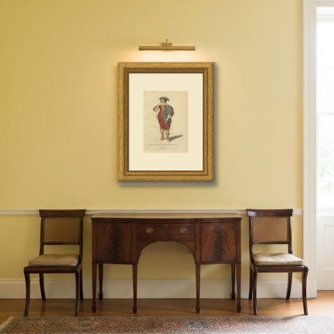 English Nobleman in 1640, Cavalier Dress with Plumed Hat, Jefferys Print, 1757, shown framed in a room