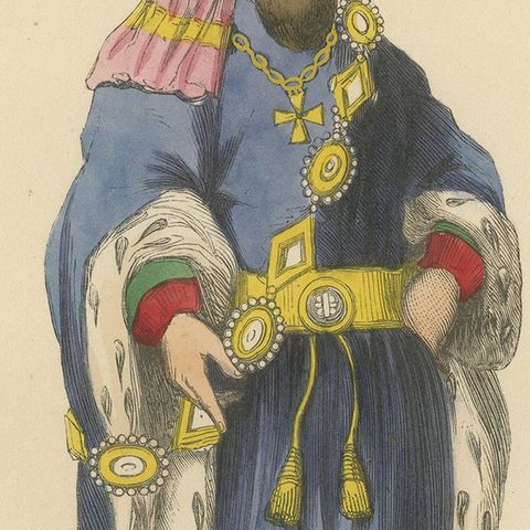 William de Beauchamp in Noble Attire in An Original Handcolored Lithograph, 1847, close-up 6