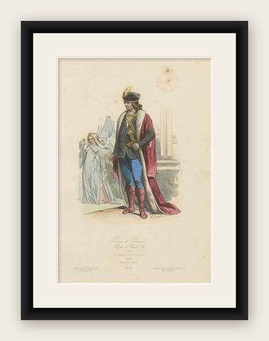 Antique French Costume Print of a Baron and Baroness in Medieval Attire, ca.1860, shown framed