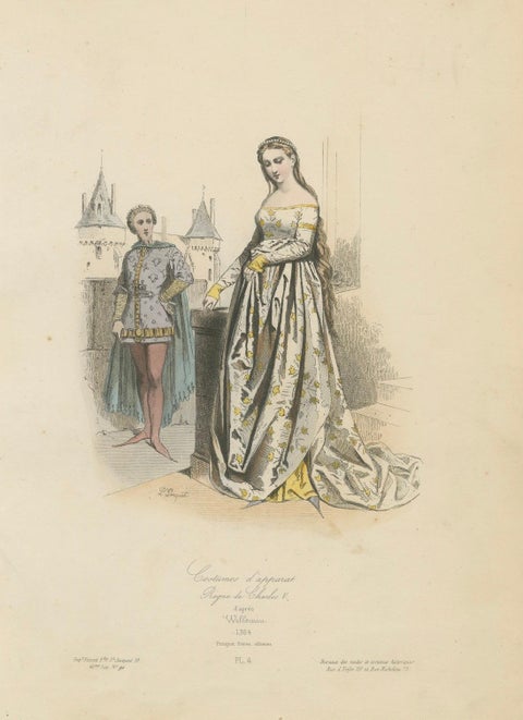 Antique French Print of Courtly Fashion, Reign of Charles V, circa 1860, close-up 5