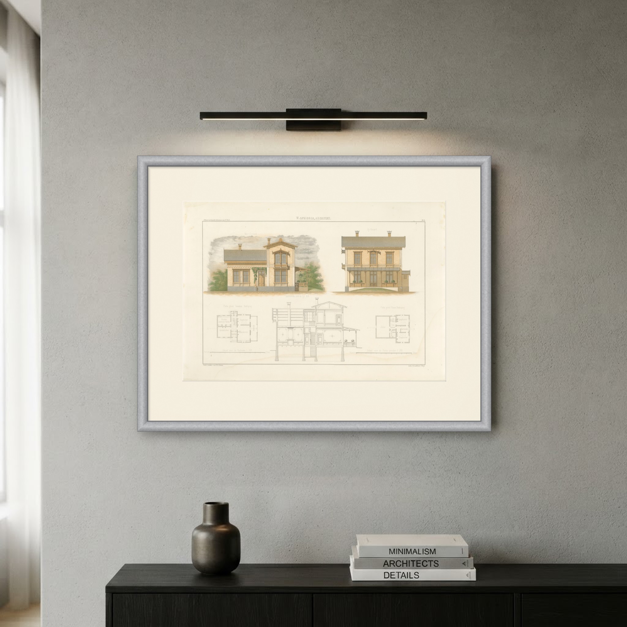 Swiss Chalet Villa by Springer, Dutch Architecture Print, Leliman, 1865-1866, shown framed on a wall