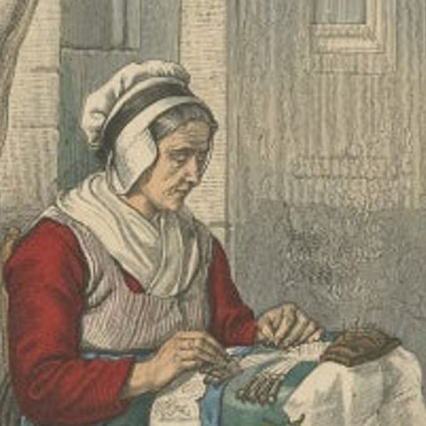 Antique Costume Print of a Lacemaker from Bruges in Belgium, c.1880, close-up 2