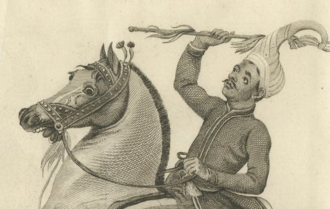 Mounted Warrior of the Kassai Region, Antique Costume Print, circa 1800, close-up 4