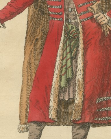 Habit of a Russian Merchant in 1577, Hand Colored Jefferys Costume Plate, 1757, close-up 2