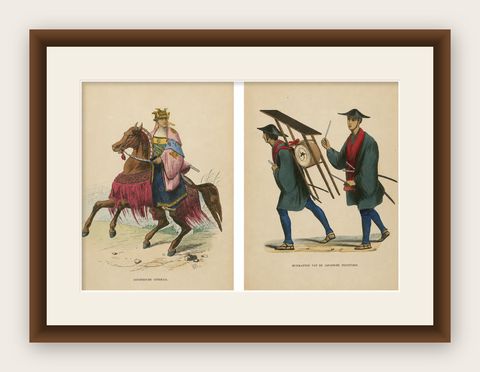 Japanese Military Costume Prints, Samurai General & Infantry Musicians, 1852, shown framed