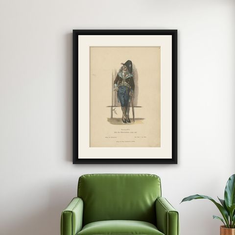 Antique Costume Print of Post-Revolutionary France, c.1880, shown framed on a wall
