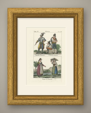 Swiss Guard, Roman Peasants and Women of Frascati, Hand Colored Lithograph, 1842, shown framed
