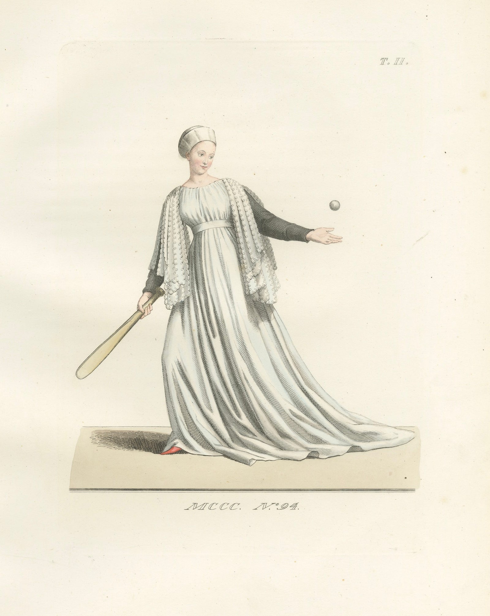 Medieval Tennis Costume Study, Hand-Colored Lithograph c.1845