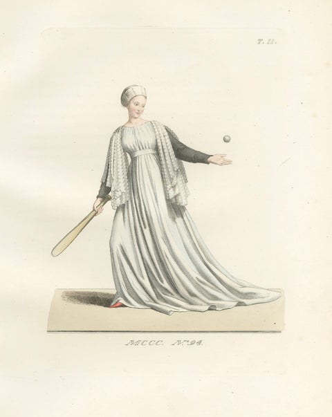 Medieval Tennis Costume Study, Hand-Colored Lithograph c.1845