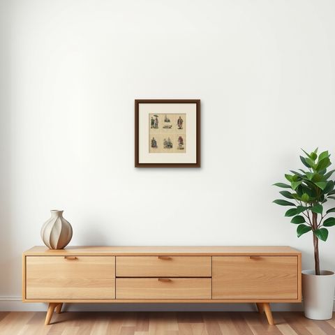 Chinese Cultural Figures in 1844 Wahlen Lithographs of Dress and Traditions, shown framed on a wall