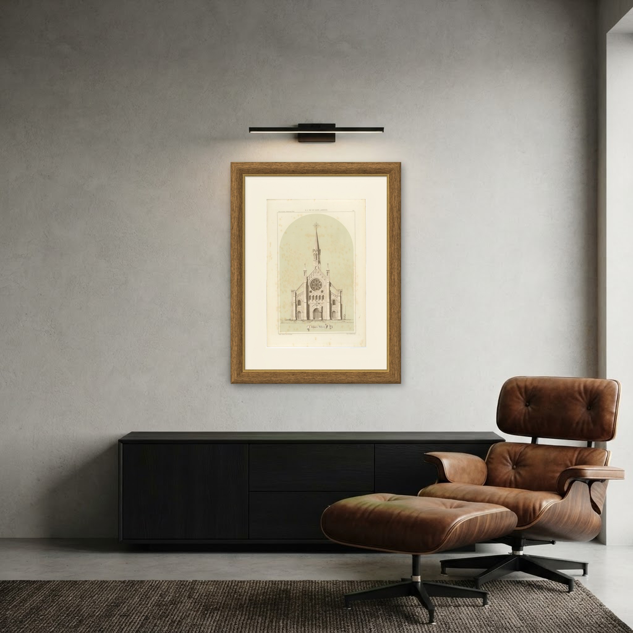 Saint Johannes Gothic Church, Dutch Architecture Print, Leliman, 1865-1866, shown framed in a room