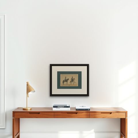 Spanish Cavalry Lithograph by José Villegas: Dragoon and Hussar, 1861, shown framed on a wall