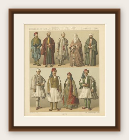 Pl. 77 Antique Print of European Turkish Costumes by Racinet, 'circa 1880', shown framed