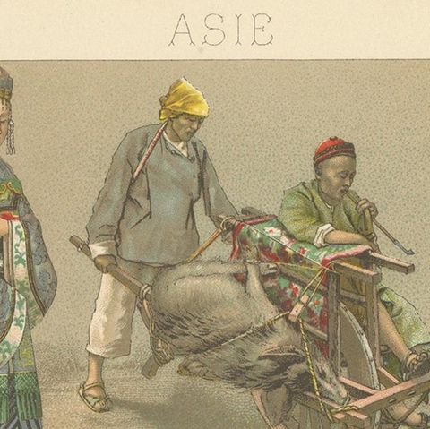 Pl. 56 Antique Print of Asian Costumes by Racinet, 'circa 1880', close-up 1