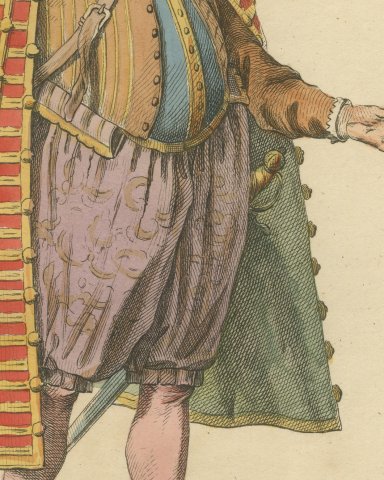 French Gentleman in 1581 with a Braided Red Coat, Jefferys Costume Plate, 1757, close-up 2