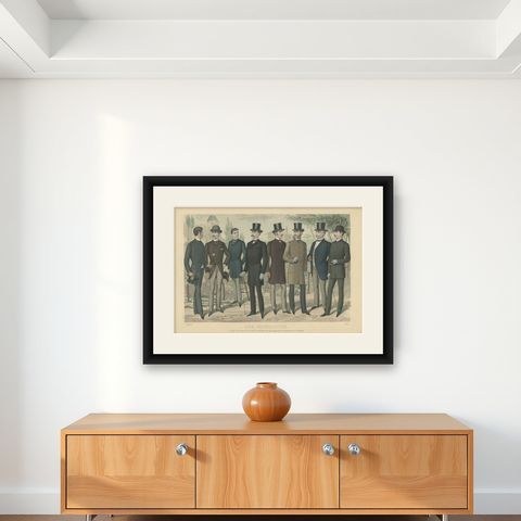 Antique Print of Fashion in April 1886 by Klemm & Weiss, circa 1900, shown framed on a wall