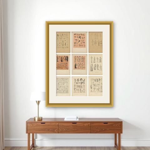 Set of 9 Antique Greek Costume and Antiquity Prints by Wasmuth, Berlin c.1900, shown framed on a wall