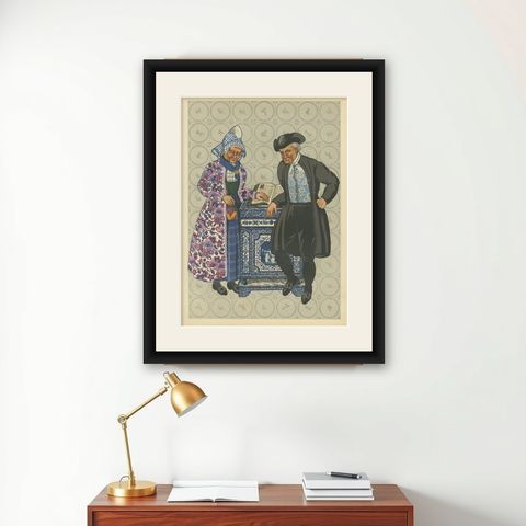 Mourning Dress in Hindeloopen with Delft Stove, 1932 Lithograph, shown framed on a wall