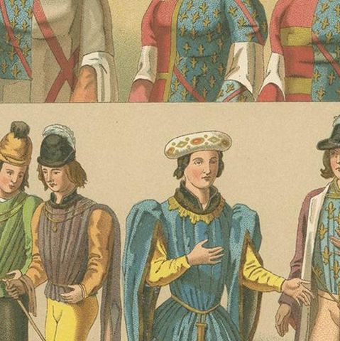Pl. 21 Antique Print of European Costumes by Racinet 'circa 1880', close-up 2