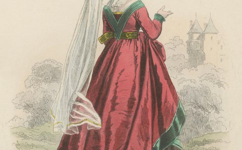 Antique French Costume Print of a Noble Lady in Medieval Attire, 19th Century, close-up 2