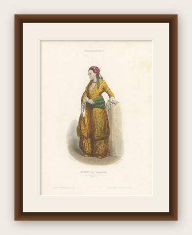 Antique Costume Print of a Harem Woman from Egypt by Aubert, 1850, shown framed