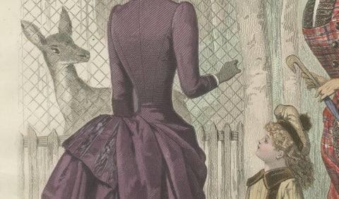 French Fashion Print, Tartan Dress & Child at Zoo, Hand-Colored, c.1887, close-up 2