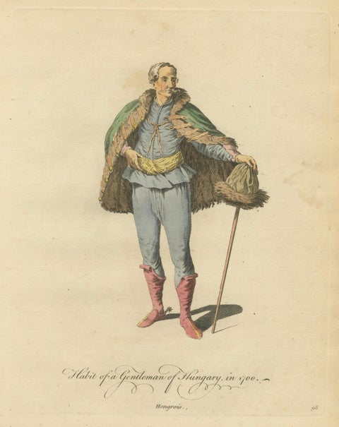 Hungarian Gentleman & Lady Costume Engravings, Hand-Colored Pair, 1749, close-up 1