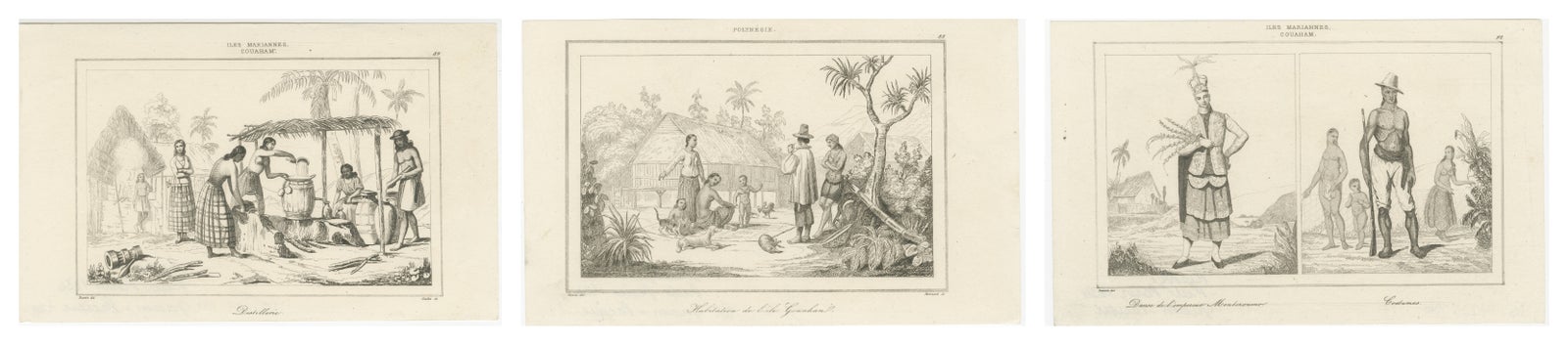 Antique Oceania Engravings, Guam Chamorro Life, Distillery and Costumes, 1836