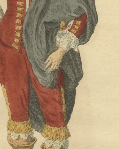 English Nobleman in 1640, Cavalier Dress with Plumed Hat, Jefferys Print, 1757, close-up 2