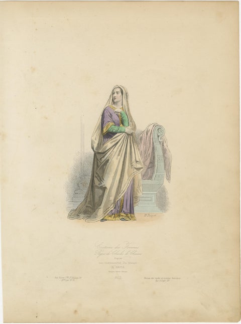 Antique Hand-Colored Fashion Print of a 9th Century Carolingian Lady, circa 1860, view 2