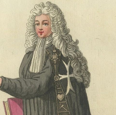 Maltese Knight in Beaked Cloak: 1791 Hand-Colored Engraving of Ceremonial Dress, close-up 4