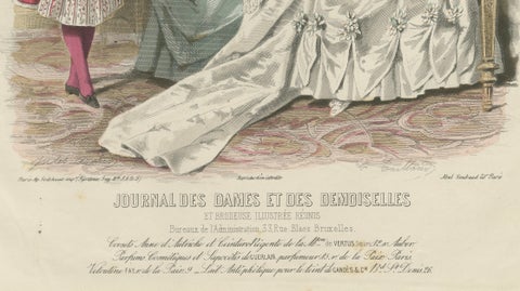French Fashion Print, Bridal Scene with Ladies & Child, c.1887, close-up 5