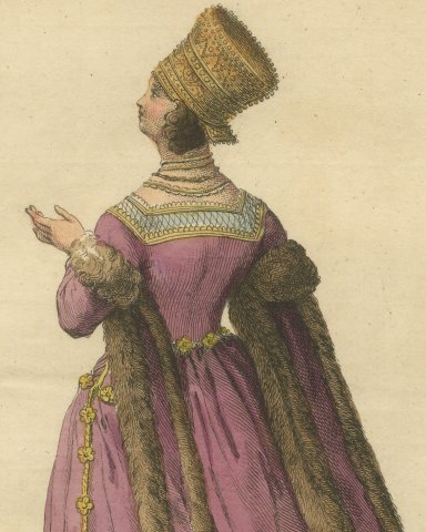 Bridal Dress of a Lady of Cologne with Gold Headdress, Costume of 1577, 1757, close-up 1